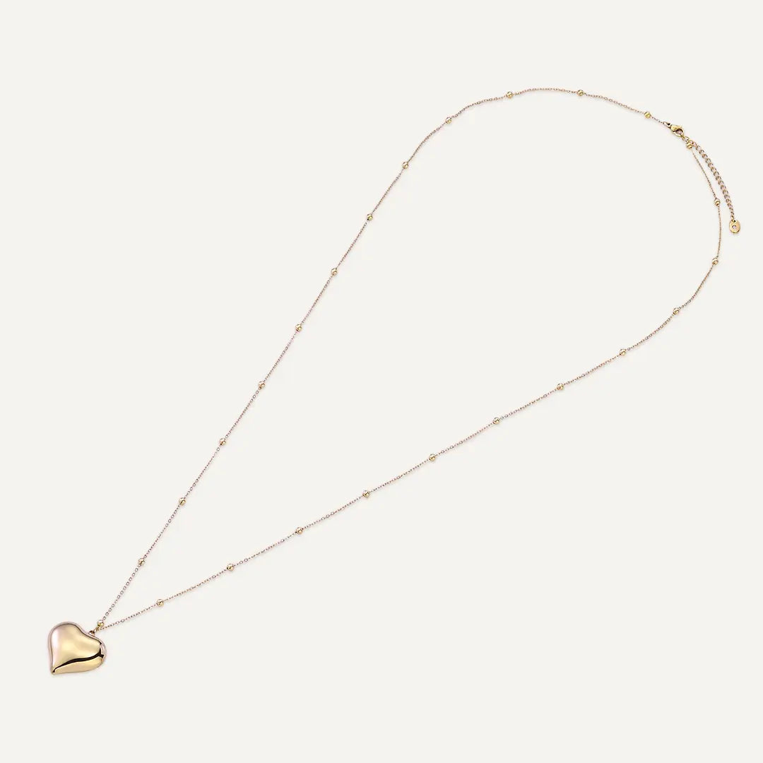 Vibes | Puffy Heart Pendant Long Ball Station Chain Necklace | 18K Gold-Plated