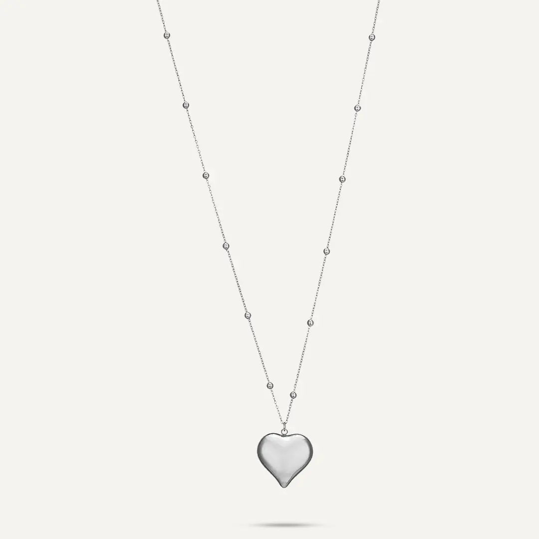 Vibes | Puffy Heart Pendant Long Ball Station Chain Necklace | White Gold-Plated