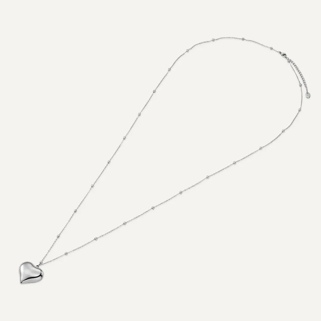Vibes | Puffy Heart Pendant Long Ball Station Chain Necklace | White Gold-Plated