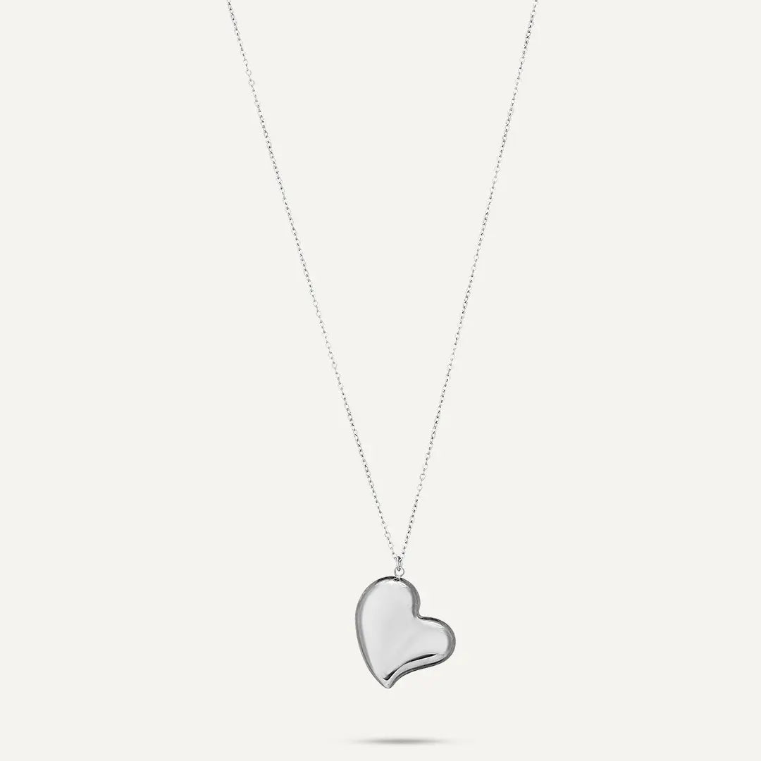 Vibes | Polished Puffy Heart Pendant Long Necklace | White Gold-Plated