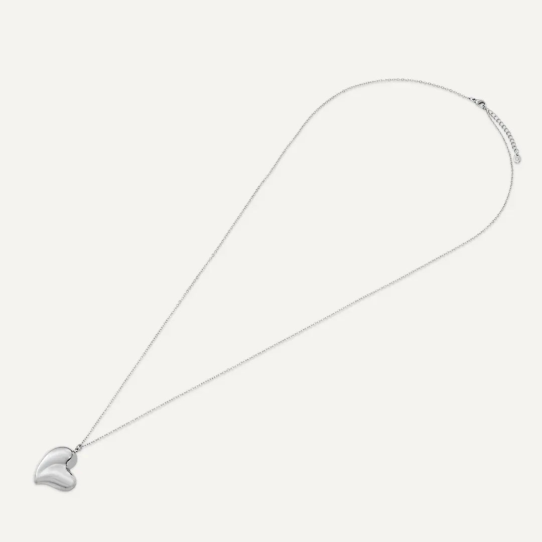 Vibes | Polished Puffy Heart Pendant Long Necklace | White Gold-Plated
