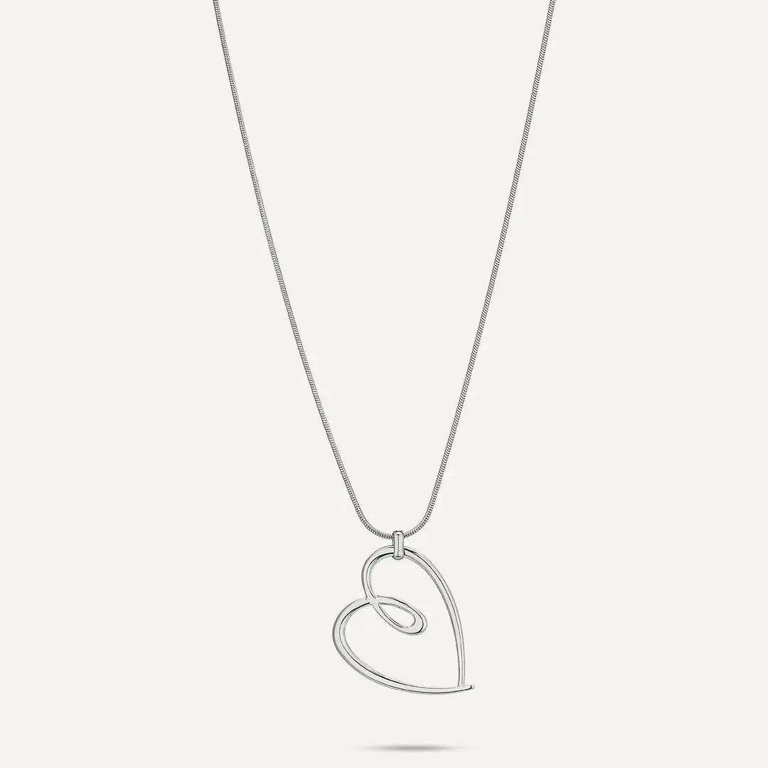Vibes | Abstract Outline Heart Pendant Long Necklace | White Gold-Plated