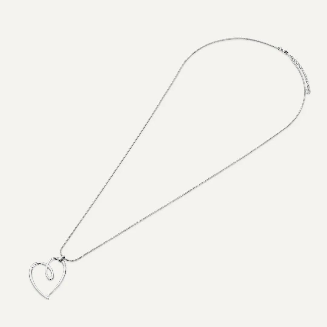 Vibes | Abstract Outline Heart Pendant Long Necklace | White Gold-Plated