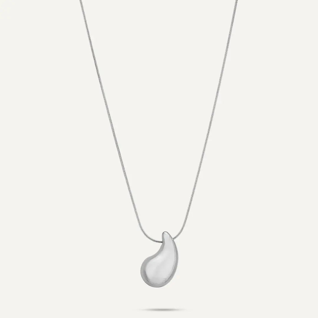 Vibes | Polished Puffy Teardrop Pendant Long Necklace | White Gold-Plated