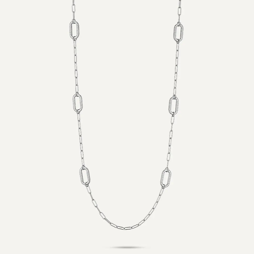 Vibes | Alternating Smooth & Hammered Oval Link Long Necklace | White Gold-Plated