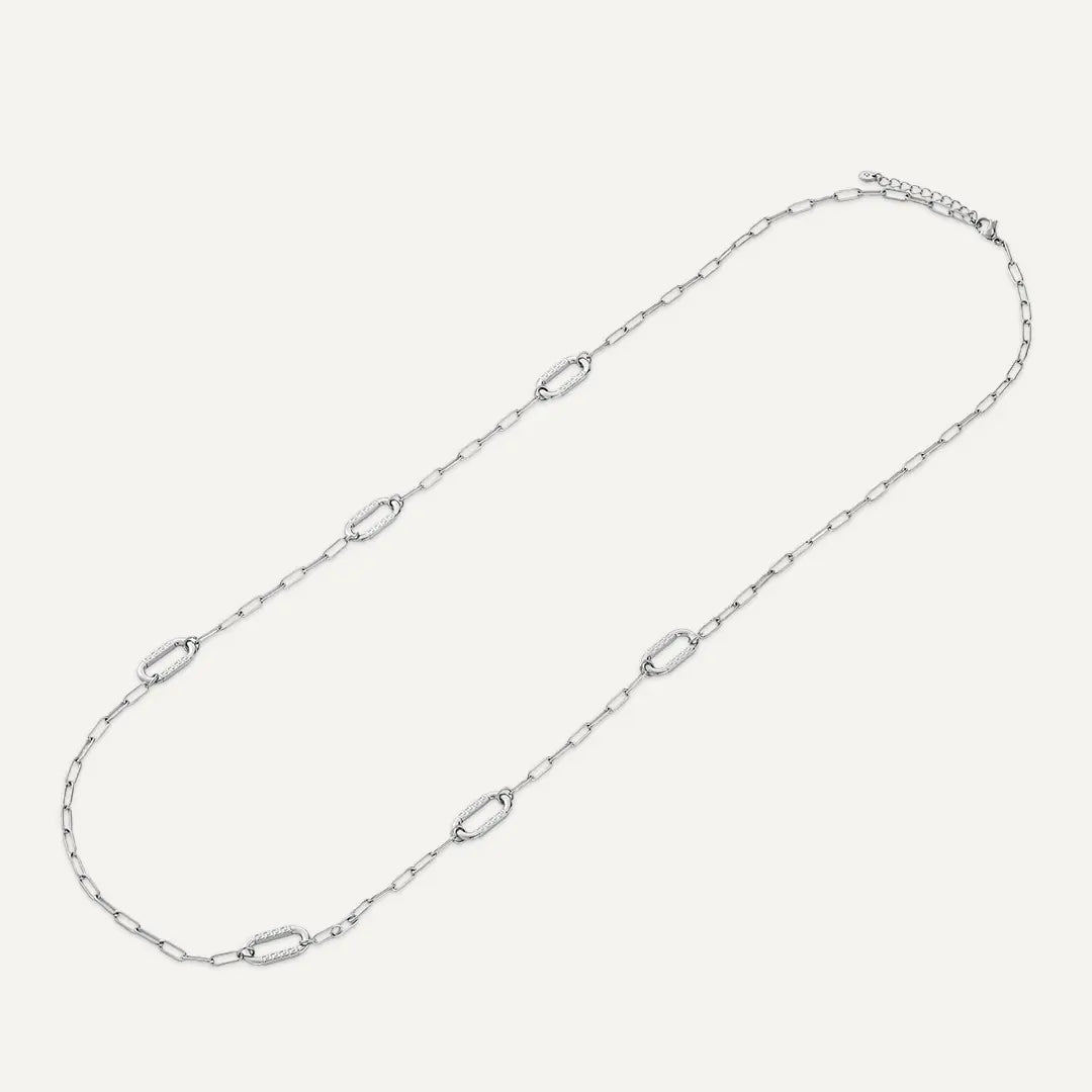 Vibes | Alternating Smooth & Hammered Oval Link Long Necklace | White Gold-Plated