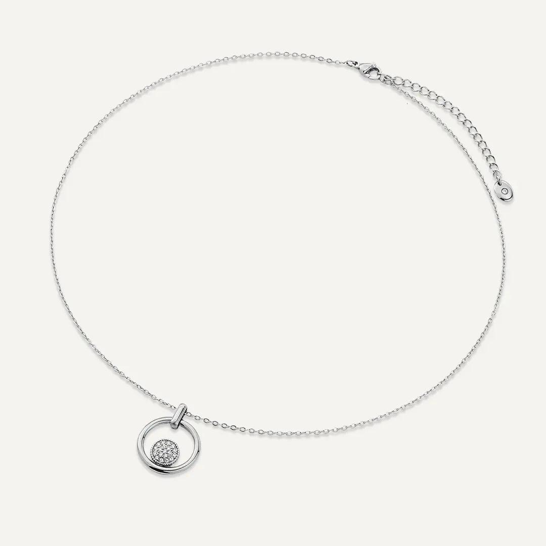 Vibes | Circle Pendant Necklace with Pavé-Set Crystals | White Gold-Plated