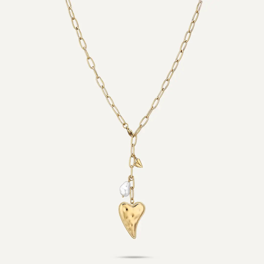 Vibes | Hammered, Polished Heart Pendant & Baroque Pearl Necklace | 18K Gold-Plated