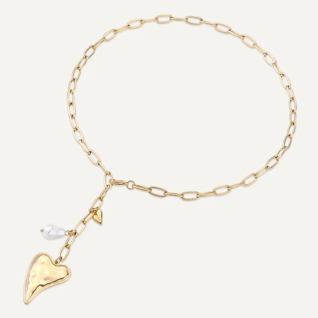 Vibes | Hammered, Polished Heart Pendant & Baroque Pearl Necklace | 18K Gold-Plated