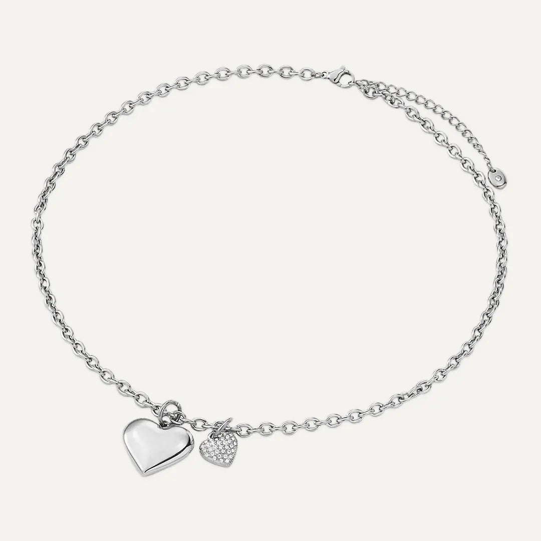 Vibes | Puffy Heart and Pavé Crystal Charm Necklace | White Gold-Plated