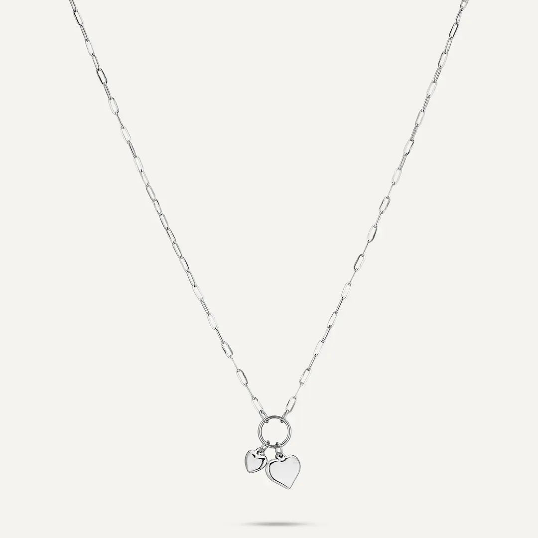 Vibes | Double Heart Charm Paperclip Chain Necklace | White Gold-Plated