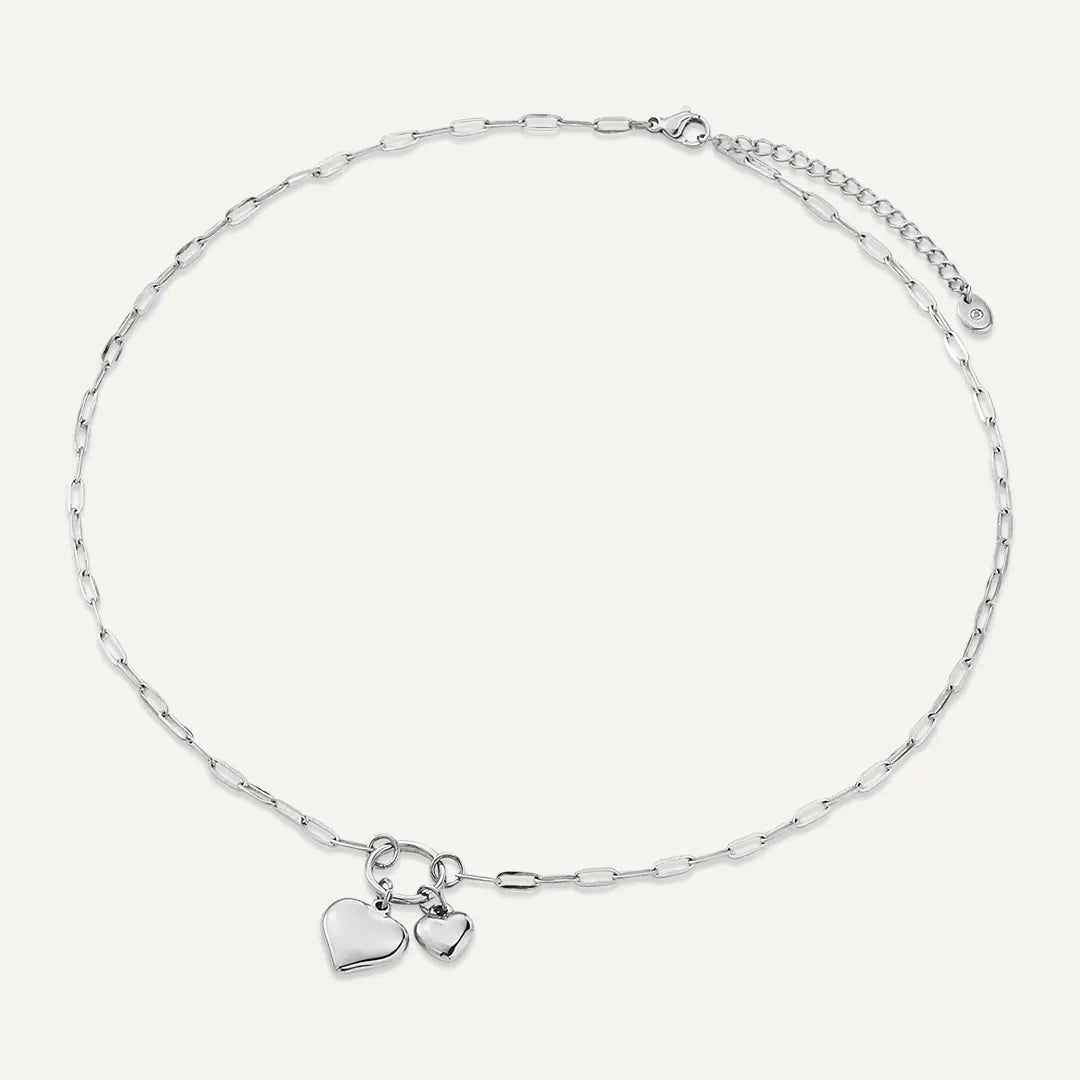Vibes | Double Heart Charm Paperclip Chain Necklace | White Gold-Plated