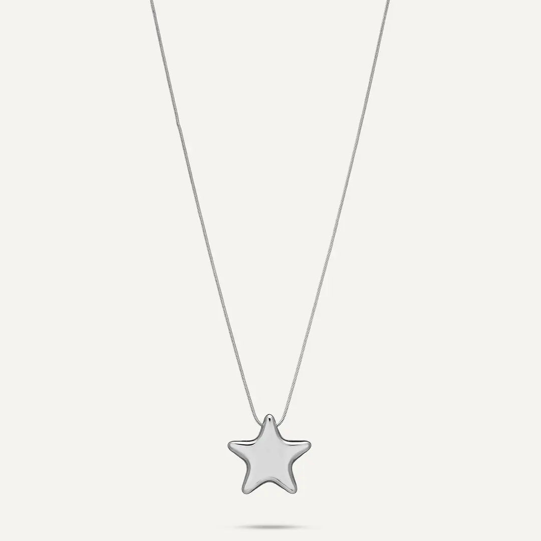 Vibes | Polished Puffy Star Charm Long Necklace | White Gold-Plated