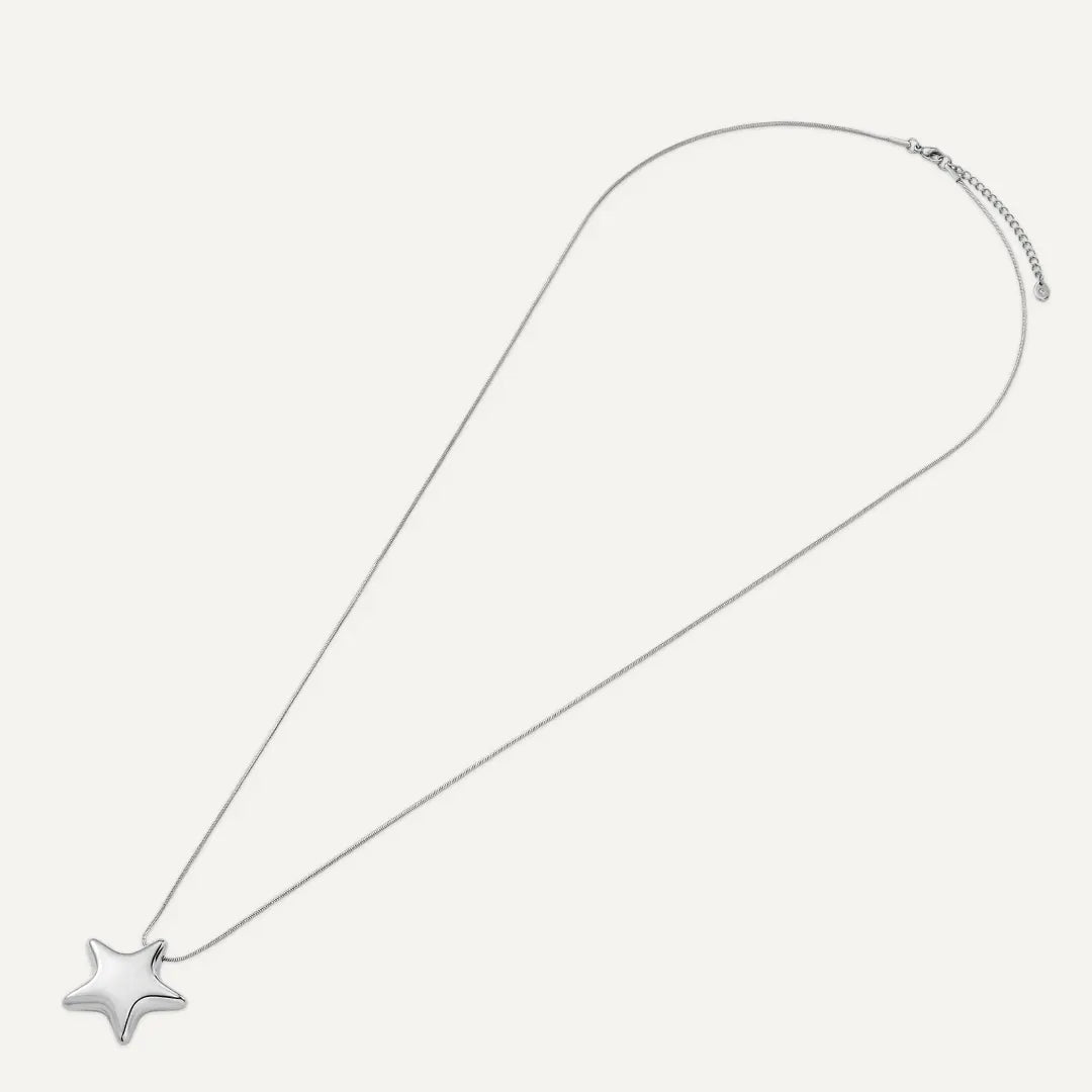 Vibes | Polished Puffy Star Charm Long Necklace | White Gold-Plated