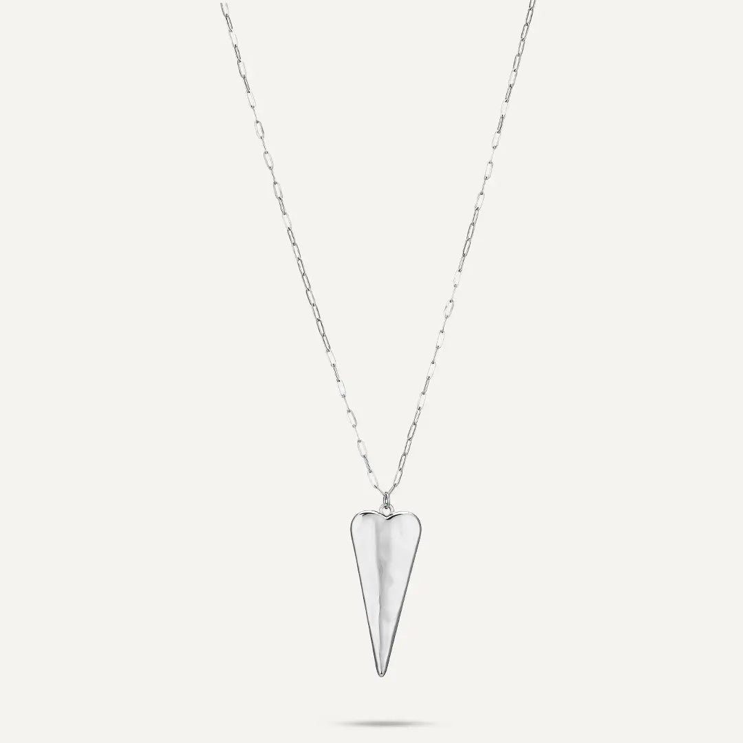 Vibes | Hammered Abstract Heart Pendant Long Chain Necklace | White Gold-Plated