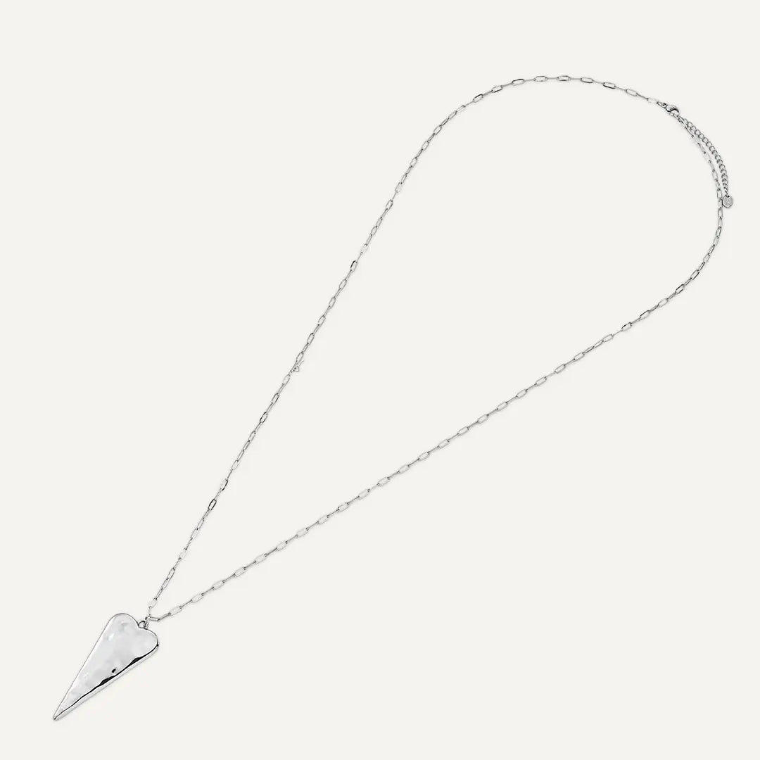 Vibes | Hammered Abstract Heart Pendant Long Chain Necklace | White Gold-Plated