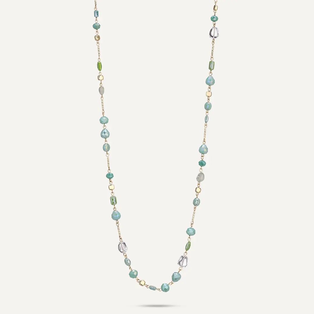 Faceted Green Beaded Long Station Necklace In Gold-Tone