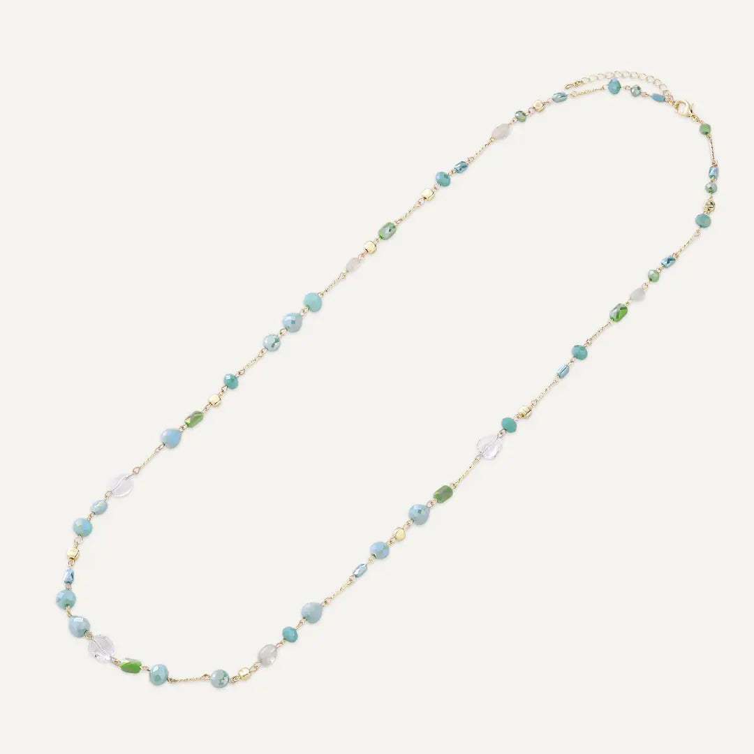 Faceted Green Beaded Long Station Necklace In Gold-Tone