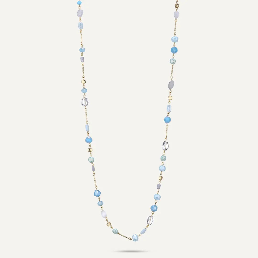 Faceted Blue Beaded Long Station Necklace In Gold-Tone