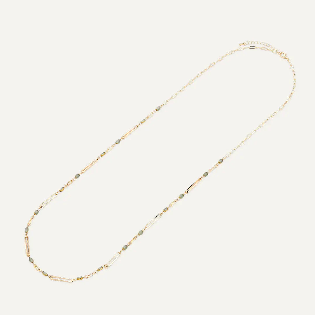 Green Semi‑precious Stones Multi-Bead & Bar Link Long Necklace In Gold-Tone