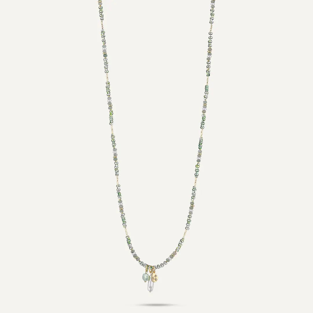 Green Semi‑precious Stones & Faceted Beaded Long Station Necklace In Gold-Tone