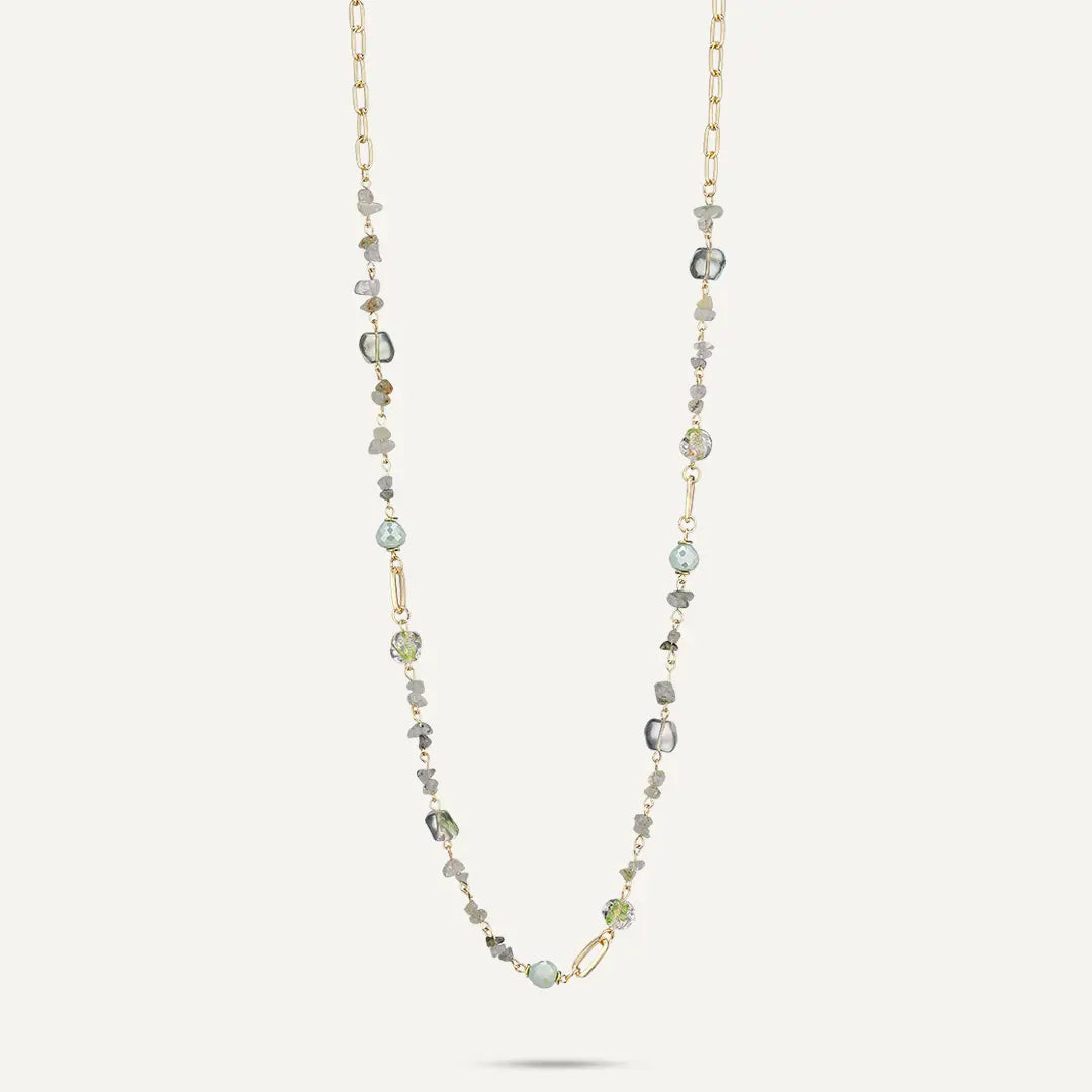 Green Semi‑precious Stones & Faceted Beaded Long Chain Necklace In Gold-Tone