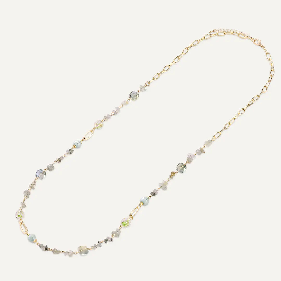 Green Semi‑precious Stones & Faceted Beaded Long Chain Necklace In Gold-Tone