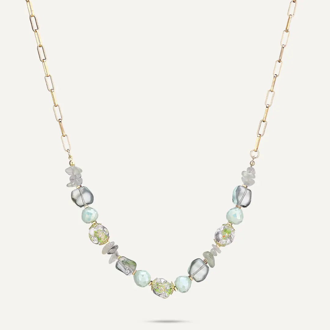 Green Semi‑precious Stones & Faceted Beaded Short Chain Necklace In Gold-Tone