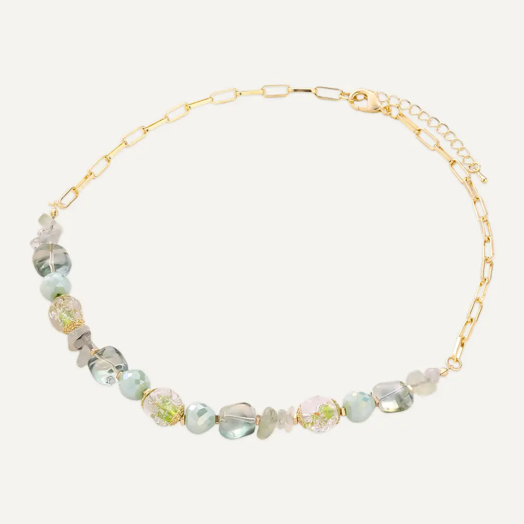 Green Semi‑precious Stones & Faceted Beaded Short Chain Necklace In Gold-Tone