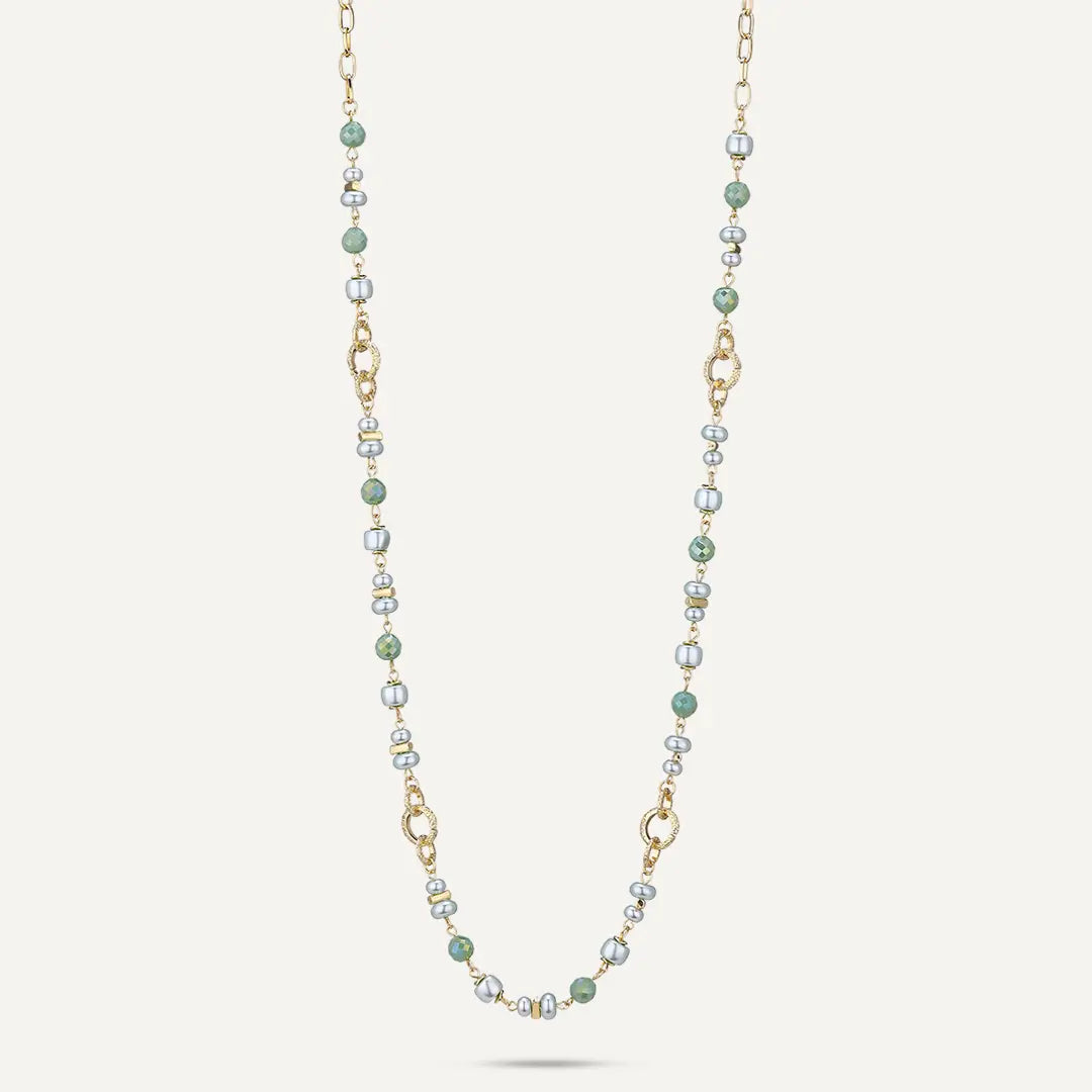 Green Faceted Bead & Pearl with Interlocking Circle Detail Long Chain Necklace In Gold-Tone