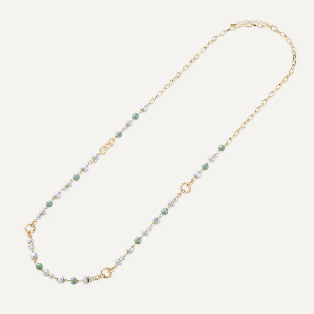 Green Faceted Bead & Pearl with Interlocking Circle Detail Long Chain Necklace In Gold-Tone