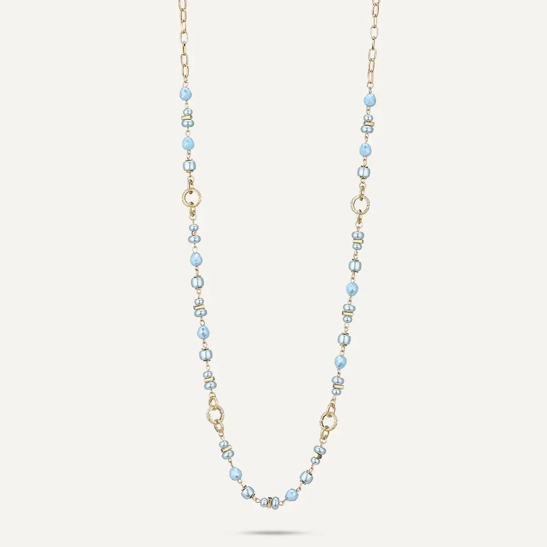 Blue Faceted Bead & Pearl with Interlocking Circle Detail Long Chain Necklace In Gold-Tone