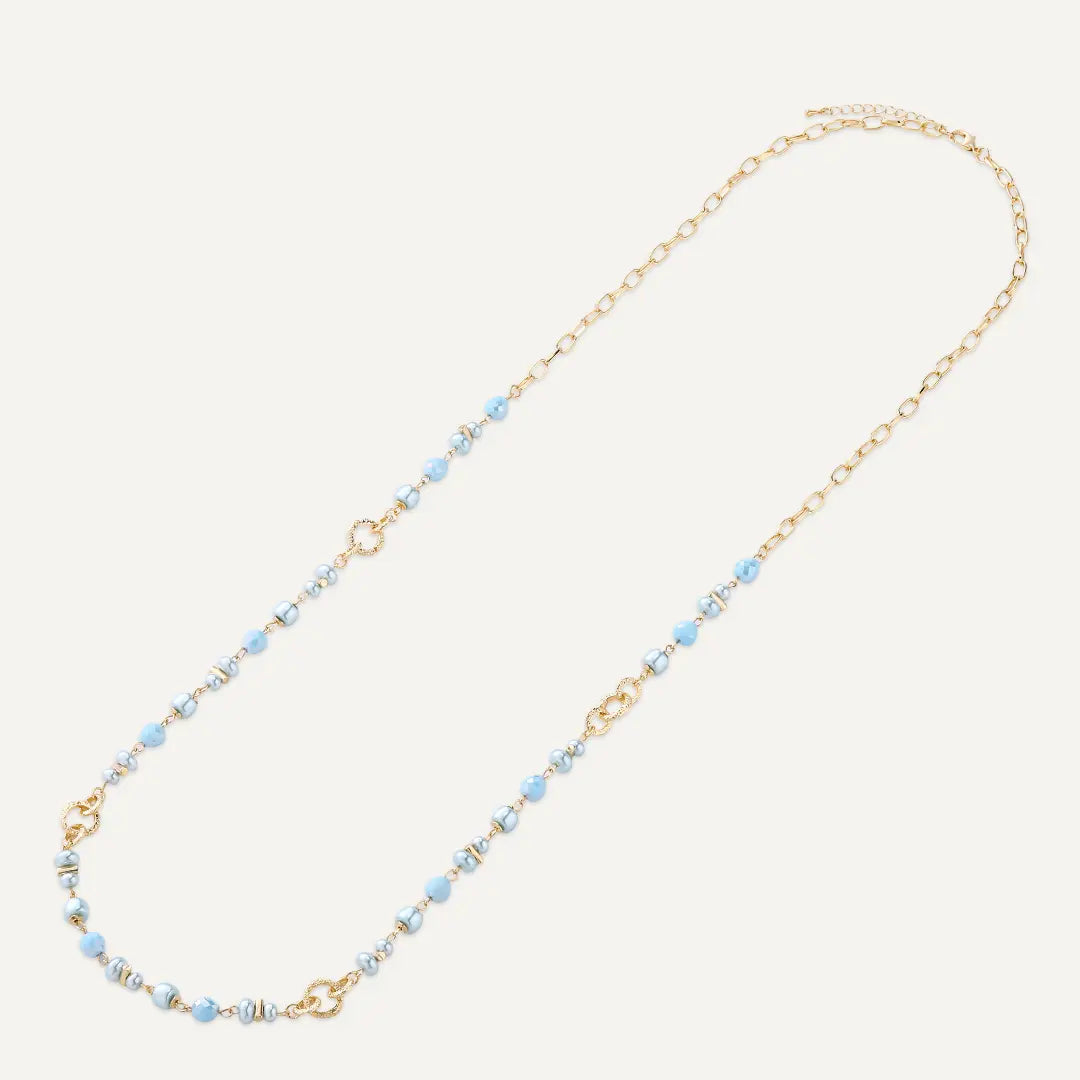 Blue Faceted Bead & Pearl with Interlocking Circle Detail Long Chain Necklace In Gold-Tone