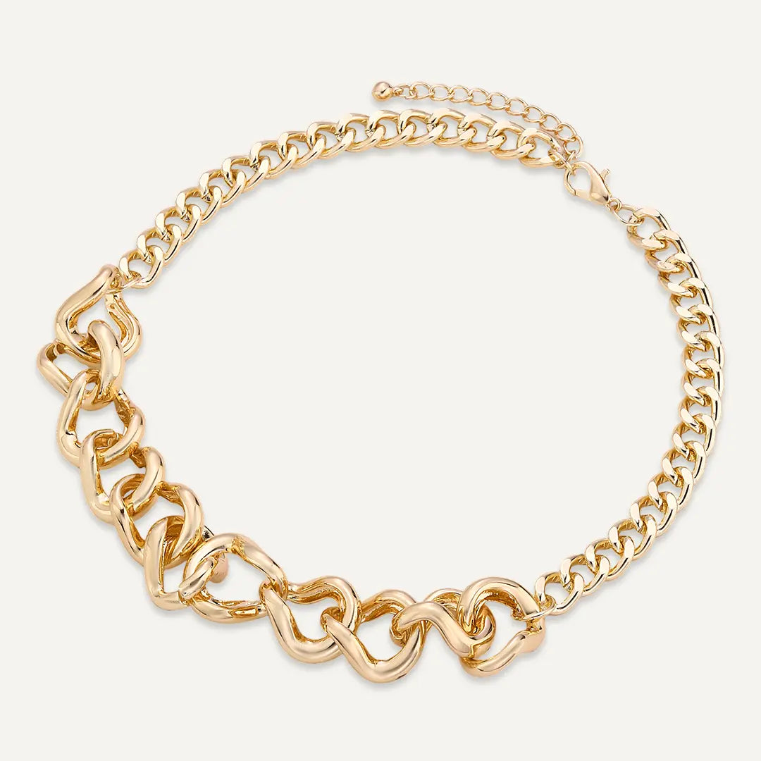 Chunky Curb Chain and Wavy Links Necklace In Gold-Tone