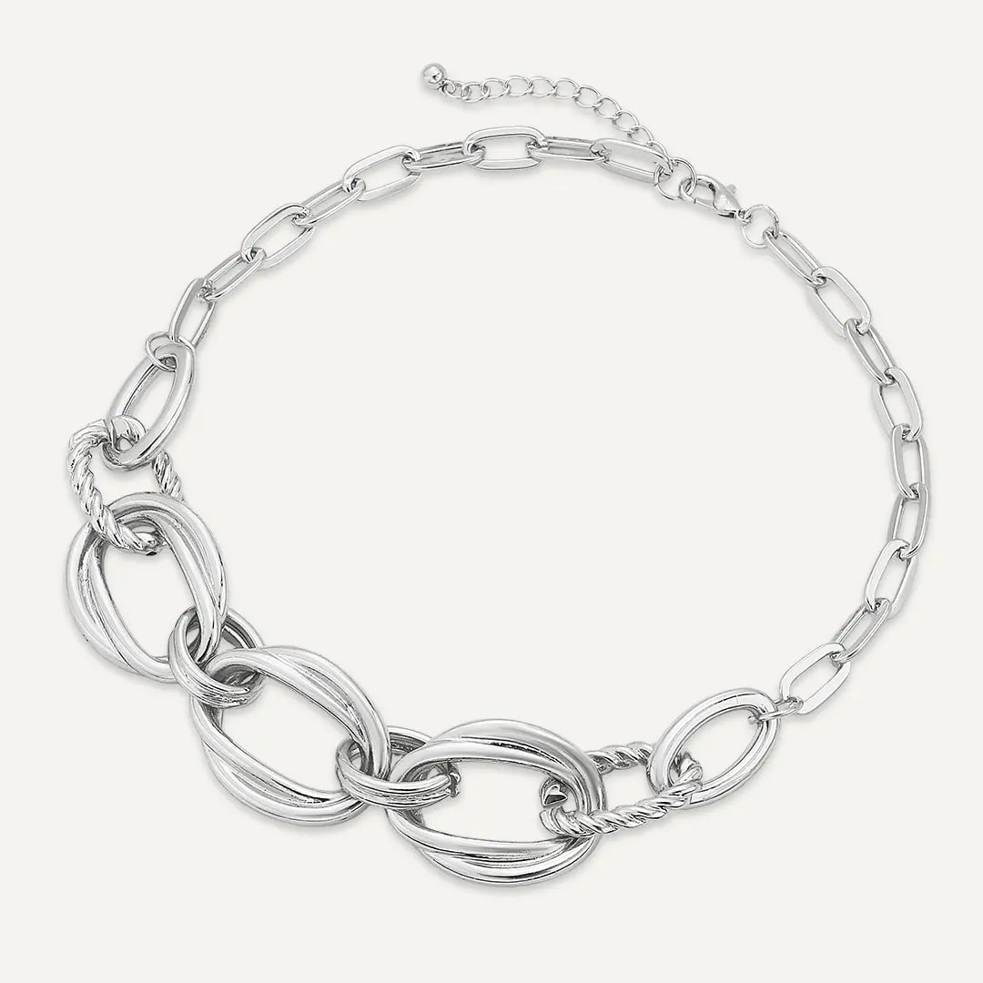 Oval and Rope Link Chain Necklace In Silver-Tone