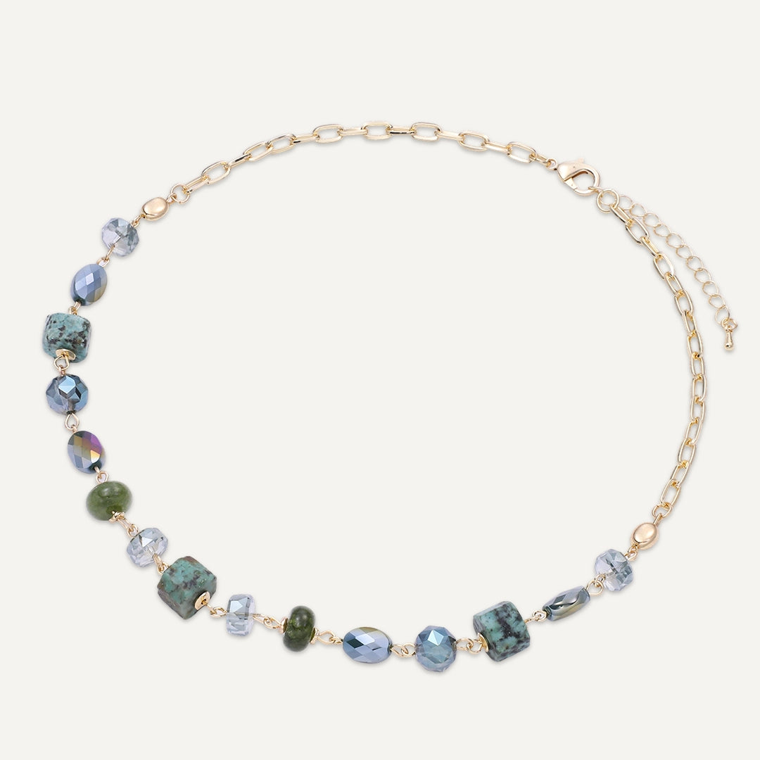 Green Stone & Crystal Beaded Necklace In Gold-Tone