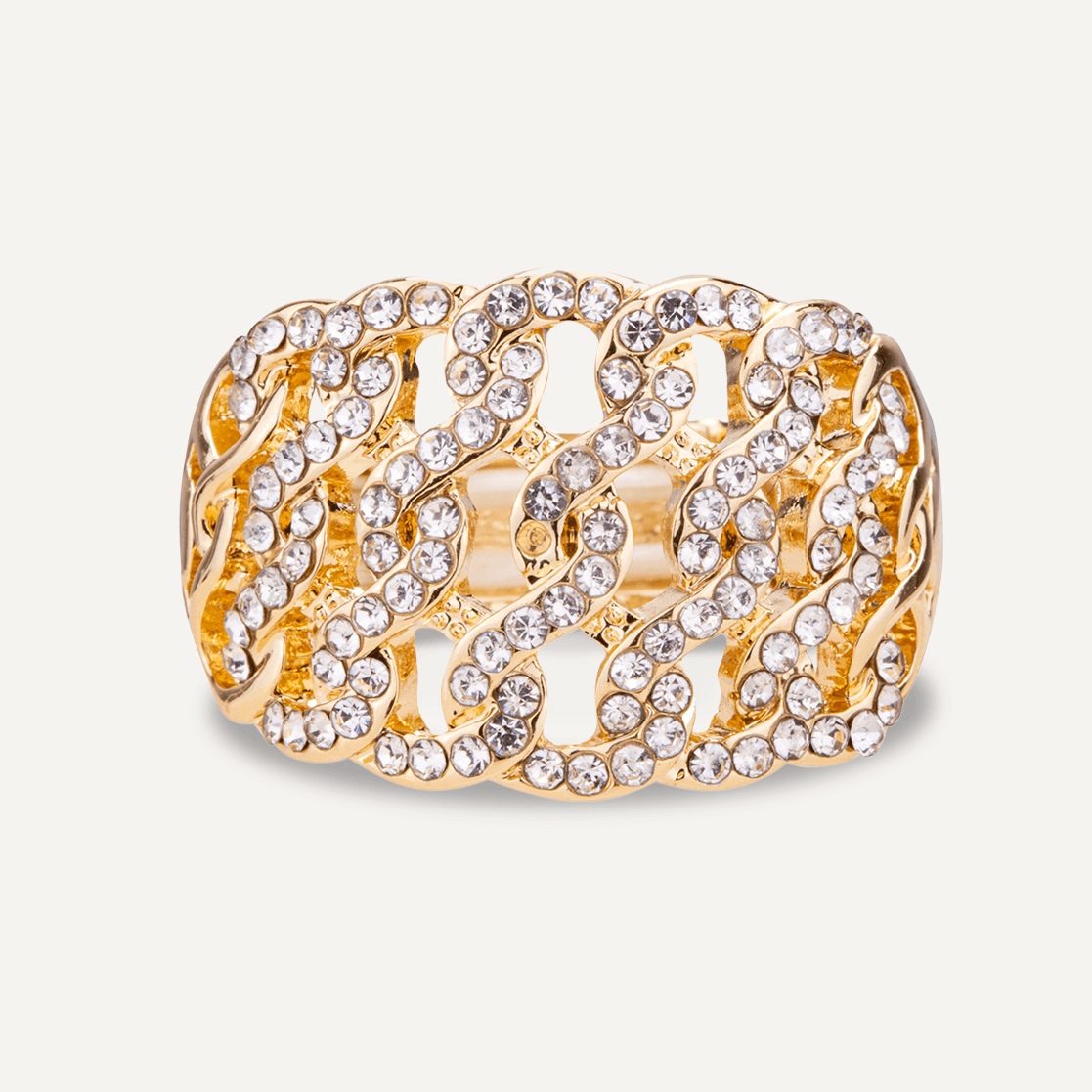 Close-up view of Elizabeth Crystal Contemporary Elasticated Ring In Gold