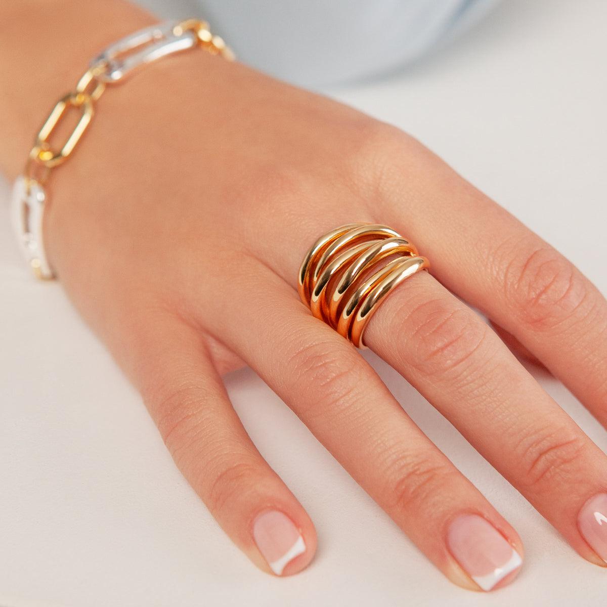 Model wearing Zaha Multi Row Open Band Ring in Gold