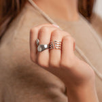 Model wearing Zaha Abstract Bypass Open Band Ring In Silver