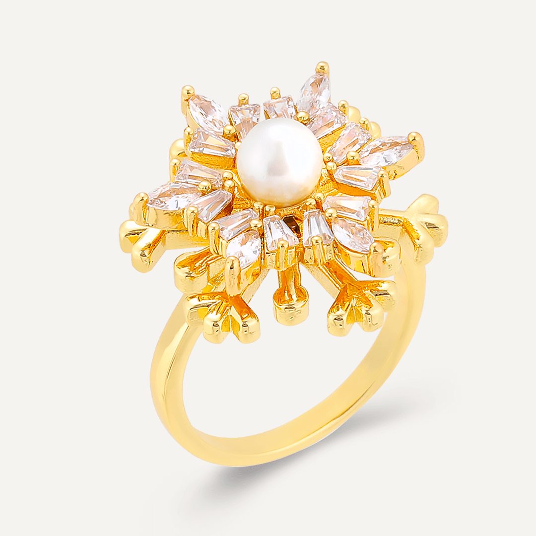 Faux Pearl & Cubic Zirconia Adjustable Snowflake Ring In Gold-Tone