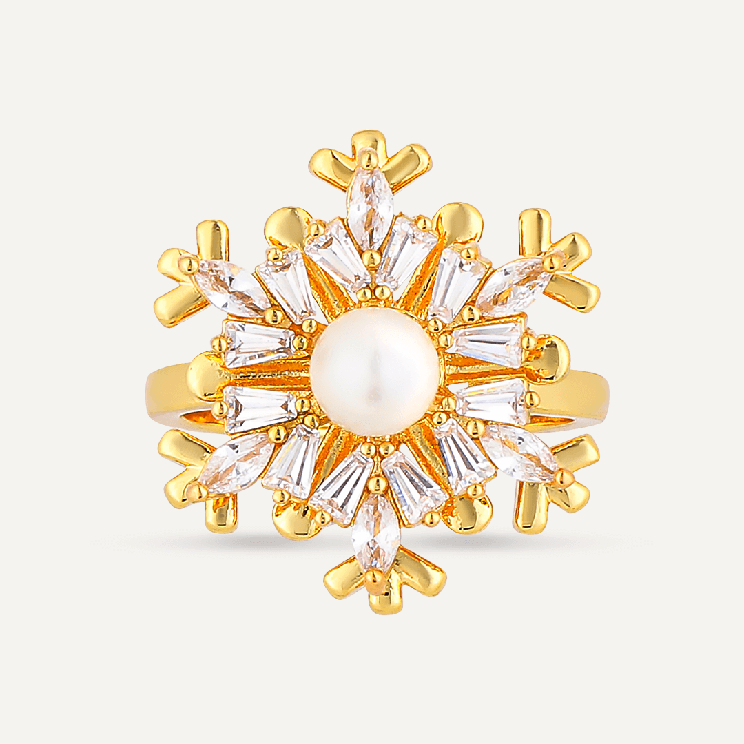 Faux Pearl & Cubic Zirconia Adjustable Snowflake Ring In Gold-Tone