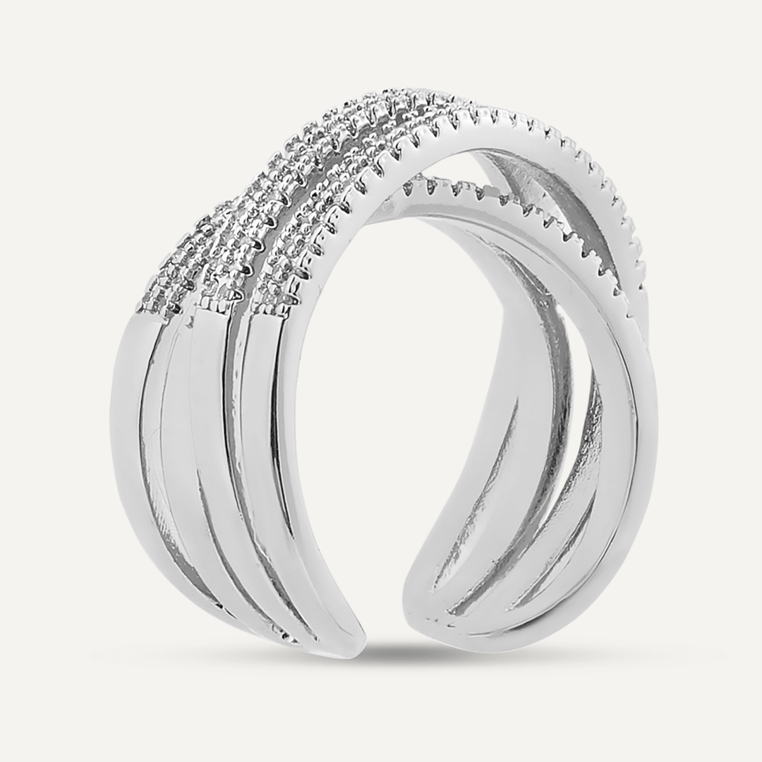 Zaha Multi-Row Cubic Zirconia Open Ring In Silver Tone