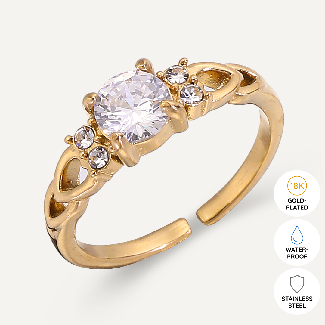 Vibes | Classic Sparkle Solitaire Adjustable Ring | 18K Gold-Plated