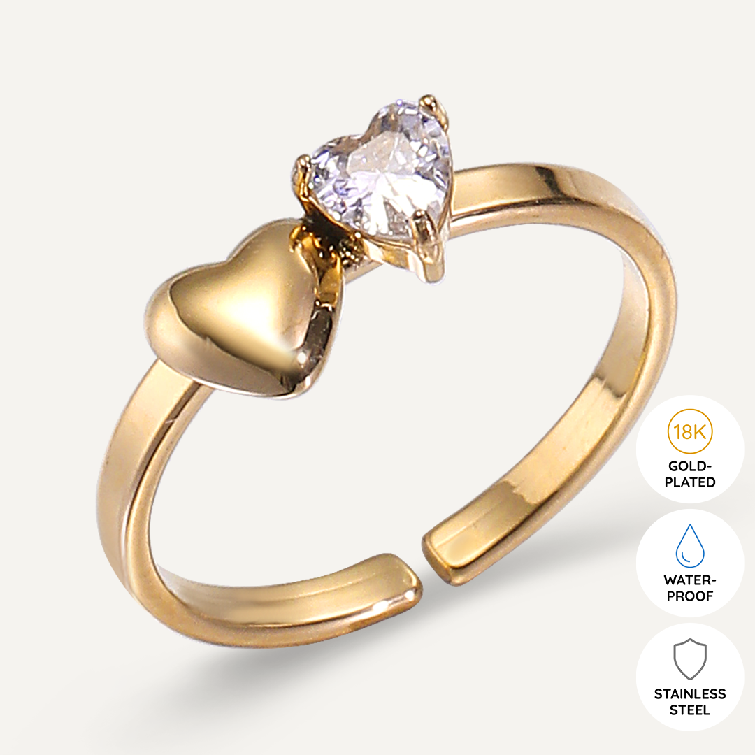 Vibes | Double Heart Romance Adjustable Ring | 18K Gold-Plated