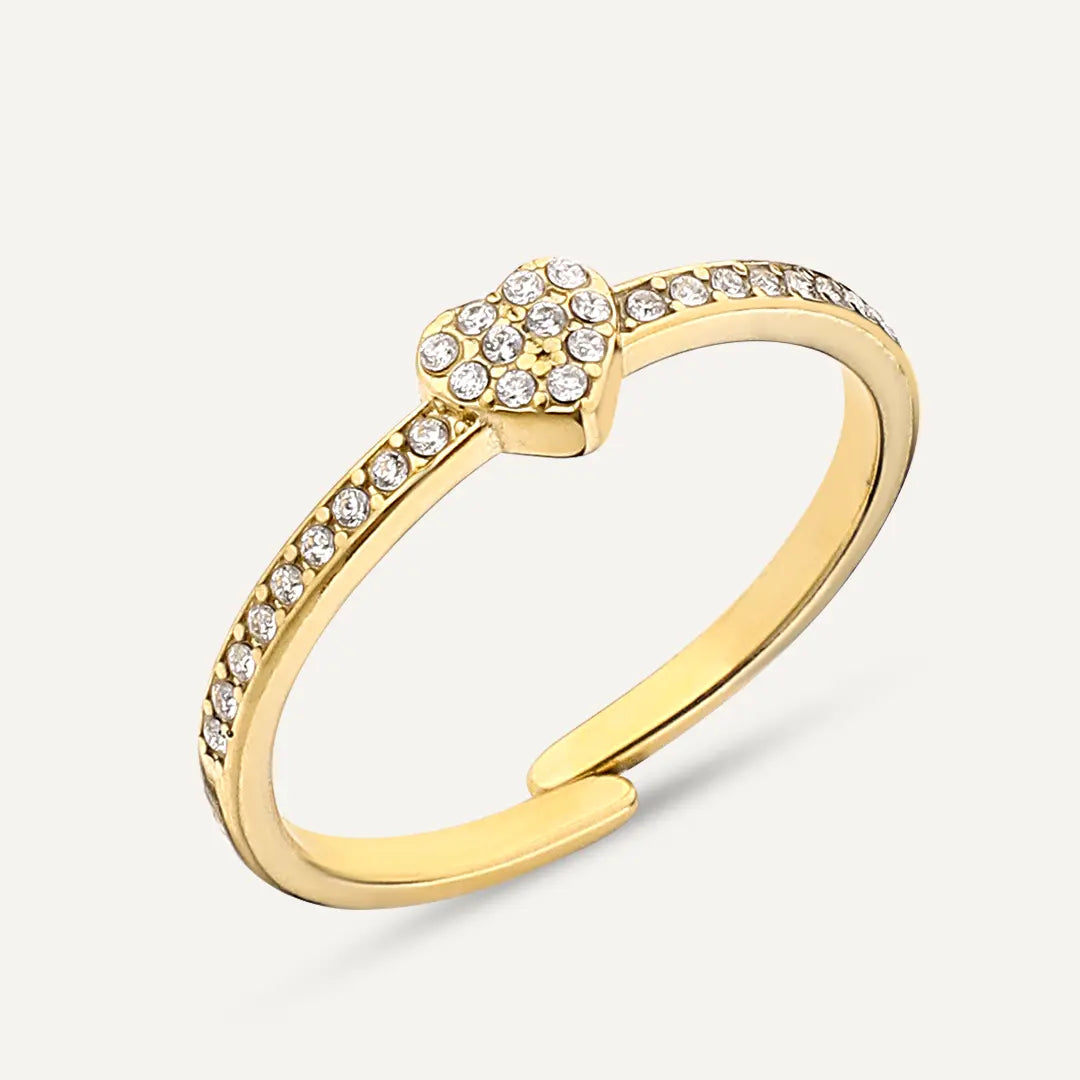 Vibes | Pavé Crystal Heart Adjustable Ring | 18K Gold-Plated