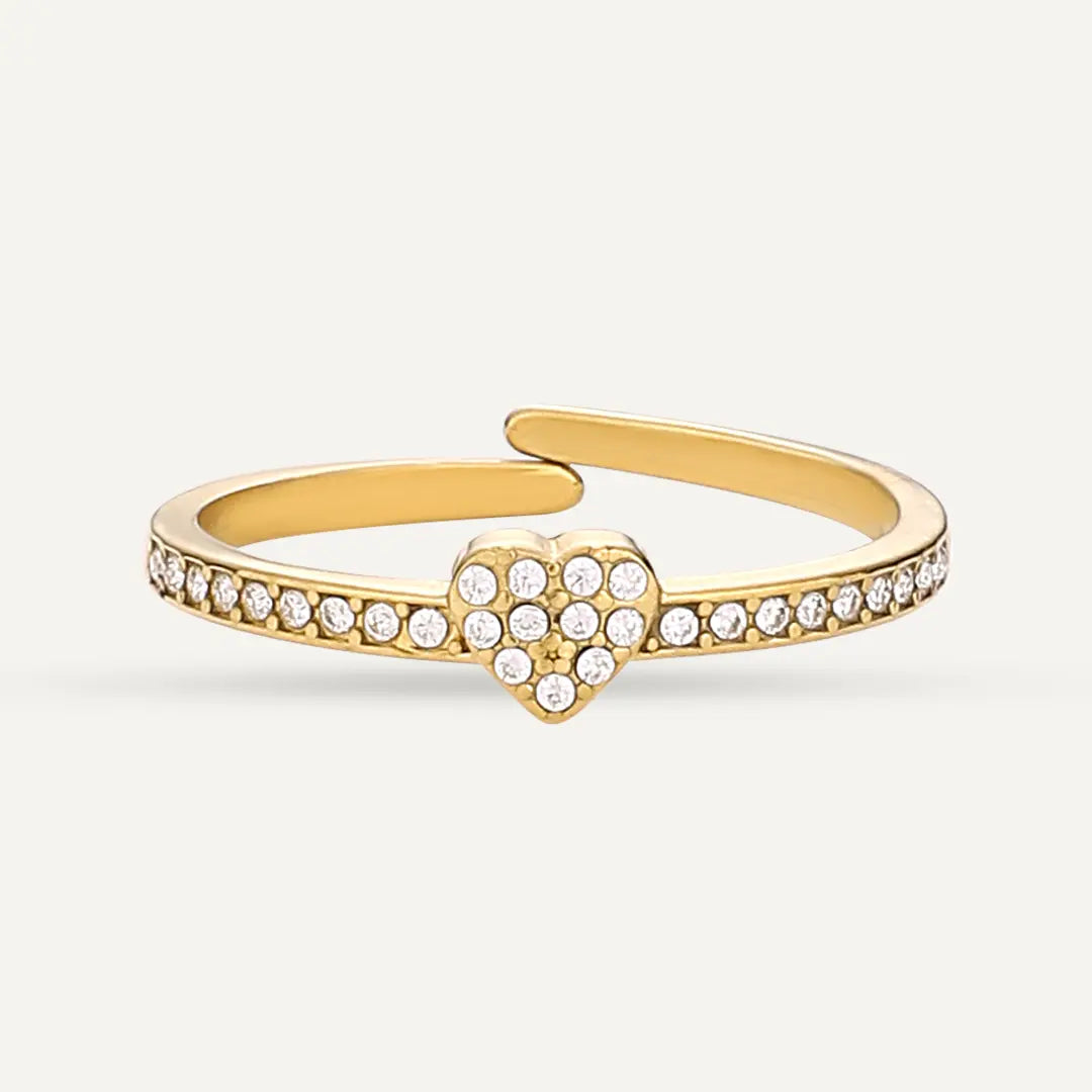 Vibes | Pavé Crystal Heart Adjustable Ring | 18K Gold-Plated