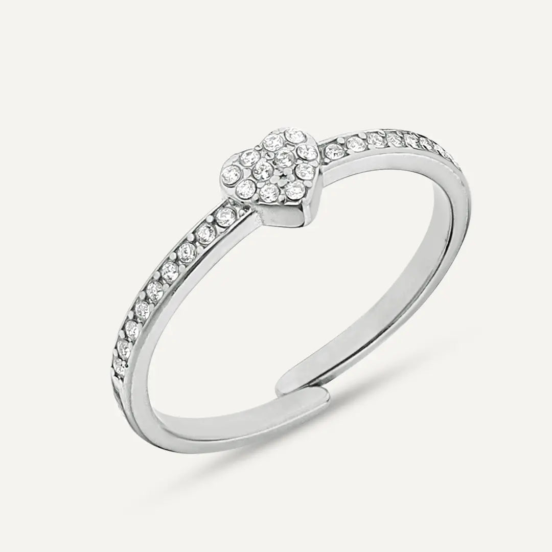 Vibes | Pavé Crystal Heart Adjustable Ring | White Gold-Plated