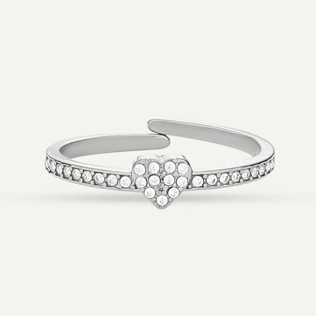 Vibes | Pavé Crystal Heart Adjustable Ring | White Gold-Plated
