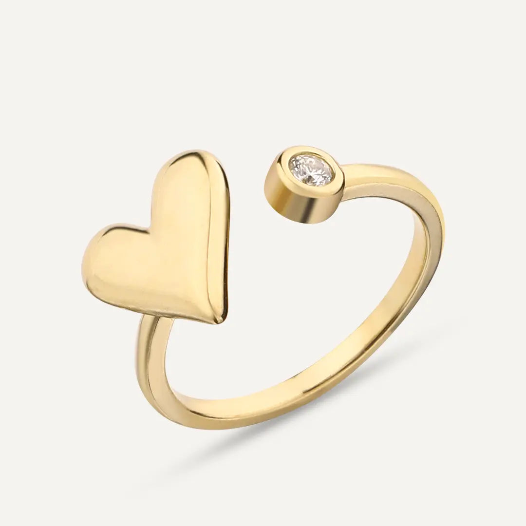 Vibes | Heart & Single Bezel-Set Crystal Adjustable Ring | 18K Gold-Plated