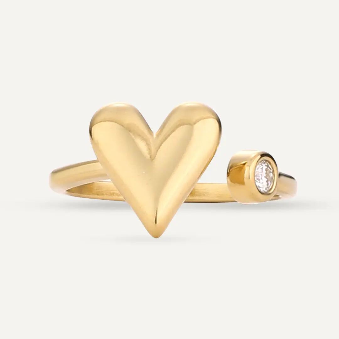 Vibes | Heart & Single Bezel-Set Crystal Adjustable Ring | 18K Gold-Plated